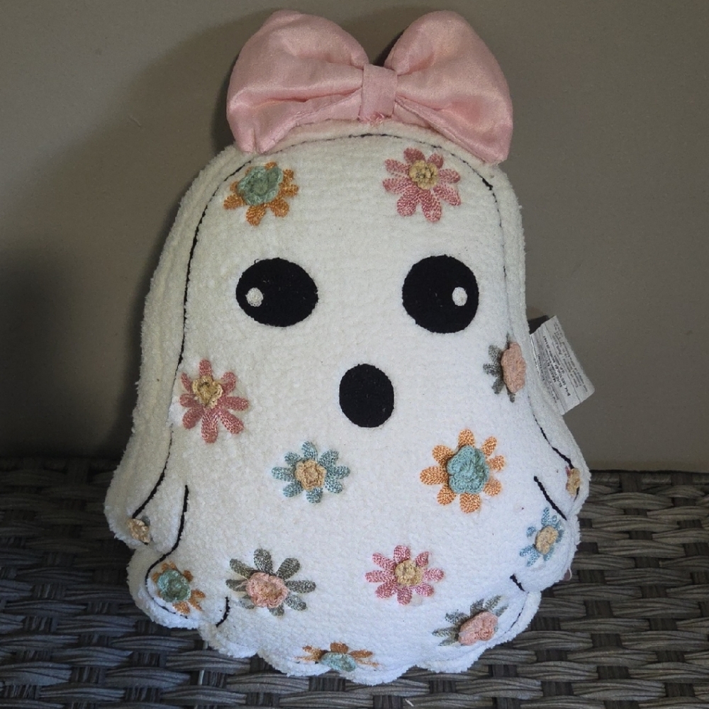 Floral Ghost Pillow with Pink Bow